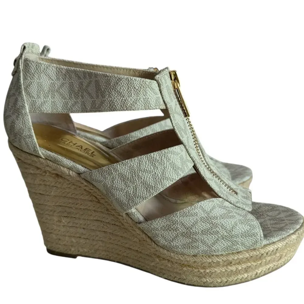 Michael Kors Vanilla Damita Logo MK Signature Wedge Sandals Women 7.5 Shoes - Picture 10 of 11